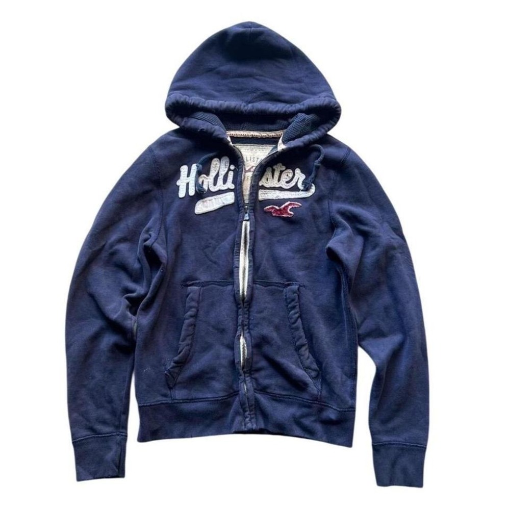 VTG Hollister Womens Navy Blue Full Zip Hoodie Logo Graphic Casual Comfort L